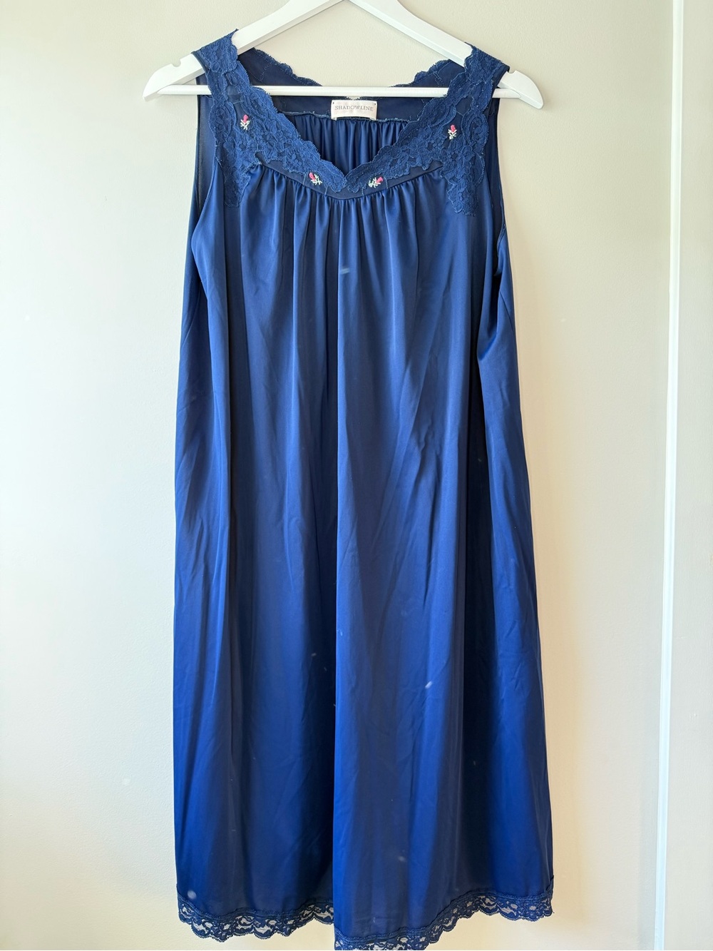 Vintage 60s 70s Shadowline Navy Nylon Nightgown Medium Lace Rose Embroidery